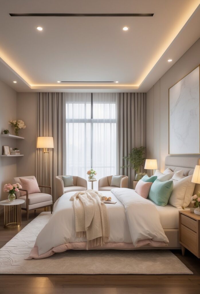 A well-decorated bedroom with a large bed, two nightstands with lamps, seating area by a window, and decorative plants.