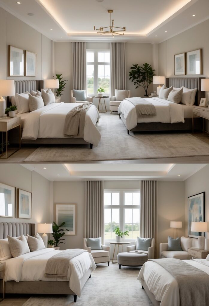 Seven bedrooms with neutral beige and grey walls, each furnished with beds, lamps, and decorative plants.