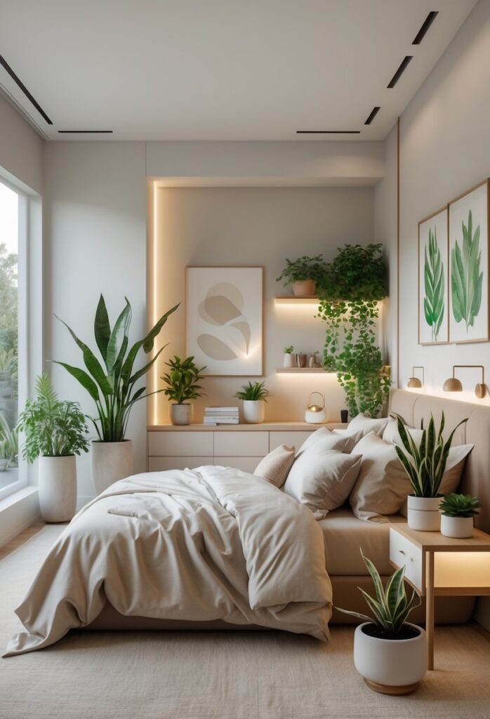 A cozy and well-lit bedroom with a large bed and several indoor plants placed around the room.