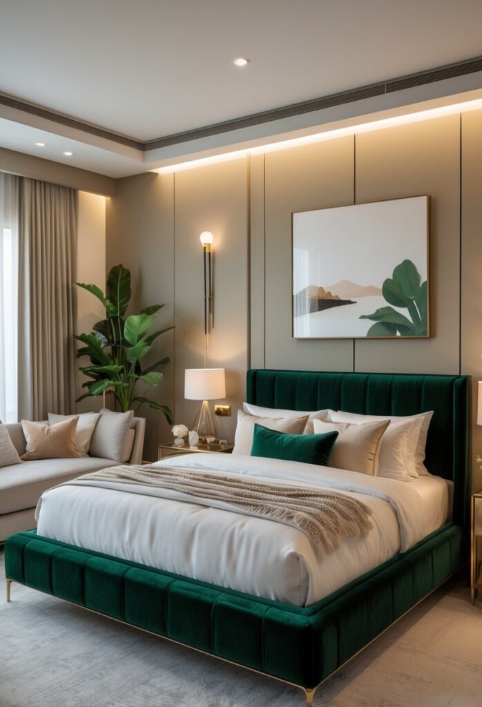 A bedroom with a deep green velvet bed frame, white bedding, bedside lamps, artwork on the walls, and indoor plants.