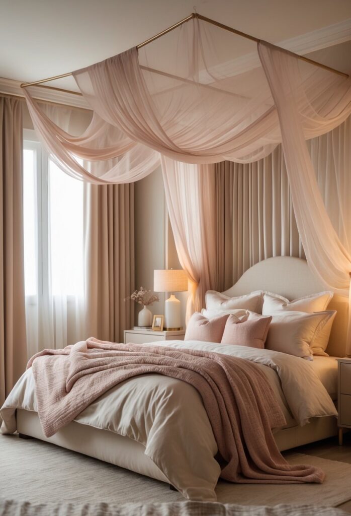 A romantic bedroom with a soft canopy over the bed, plush pillows, ambient lighting, and warm, cozy decor.