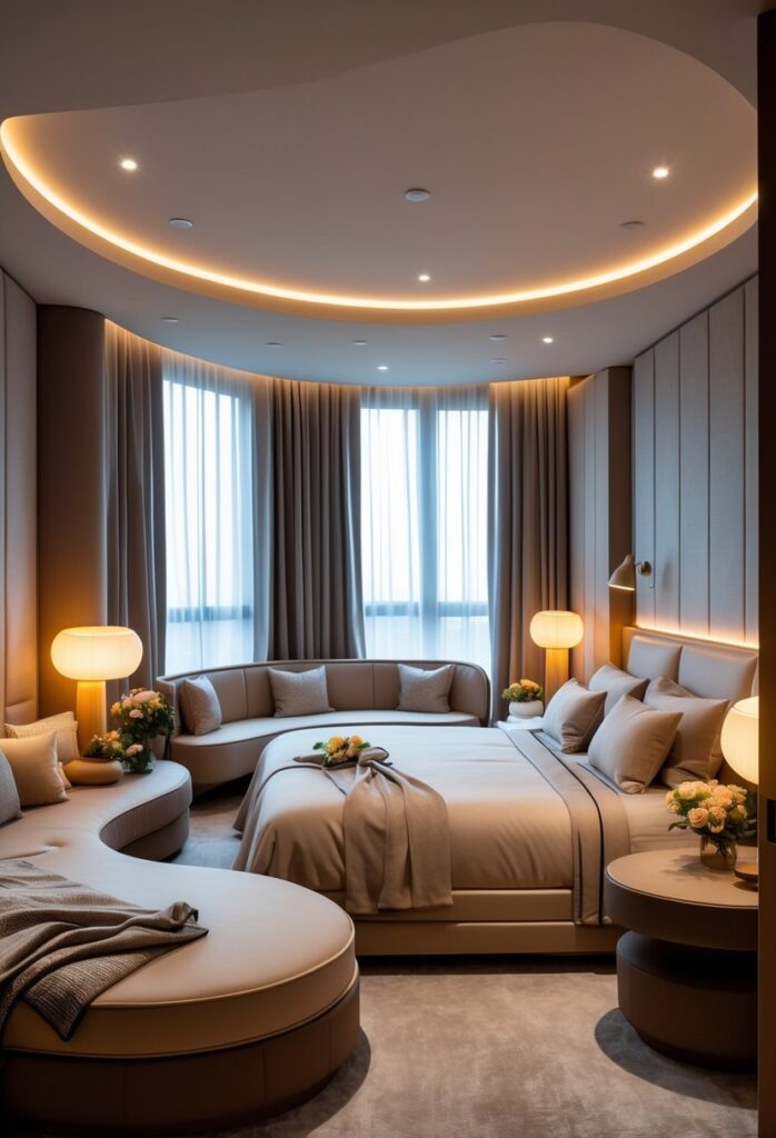 A cozy bedroom with a large bed and curved furniture arranged to create an intimate seating area, softly lit with warm lighting.