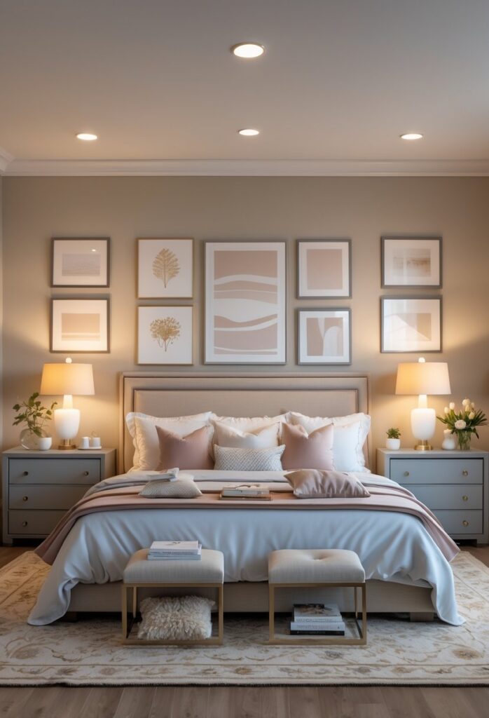 A master bedroom with a large bed and two matching nightstands, each holding a lamp and decorative items, creating a balanced and cozy atmosphere.