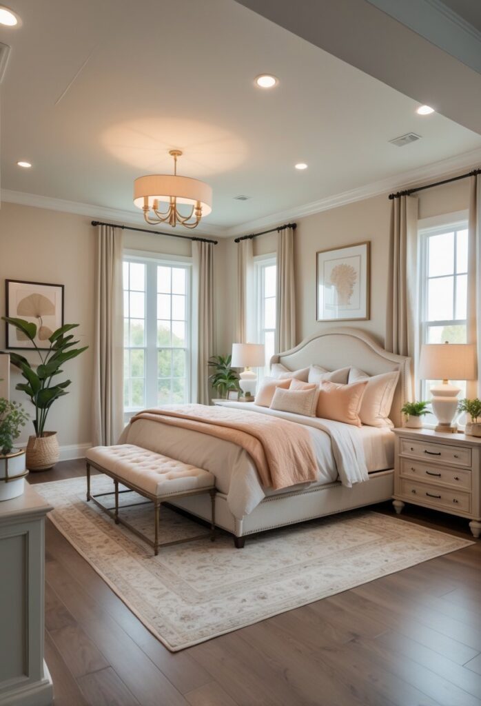 A spacious bedroom with a large bed, bedside tables, lamps, artwork, and plants, designed for a couple.