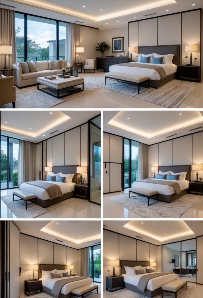 Interior of a spacious home showing multiple decorated bedrooms designed for couples with cozy beds, soft lighting, and privacy features.