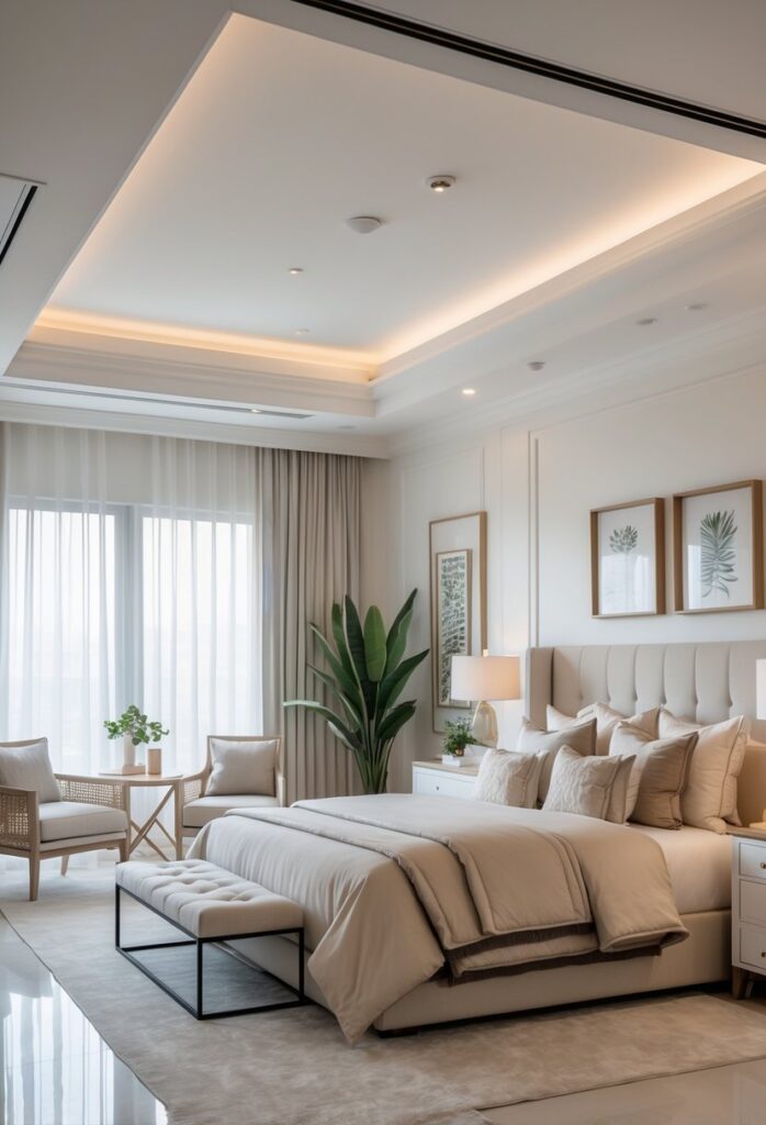 A spacious bedroom with a large bed, two armchairs, bedside tables, and natural light coming through windows.