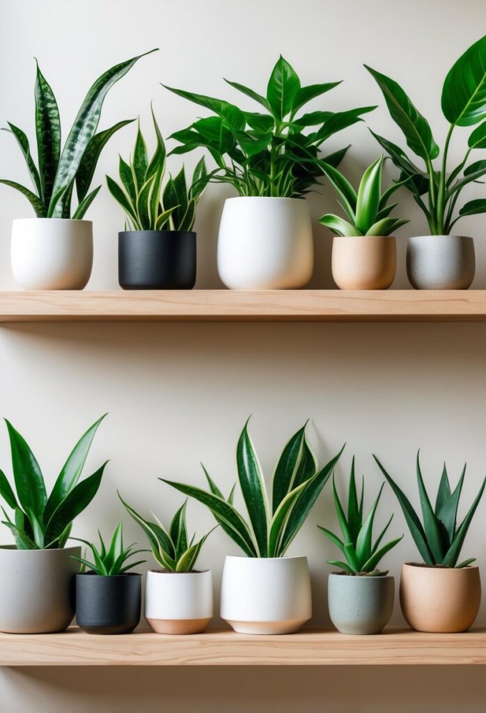 Seven different low-maintenance indoor plants arranged on a wooden shelf against a light background.