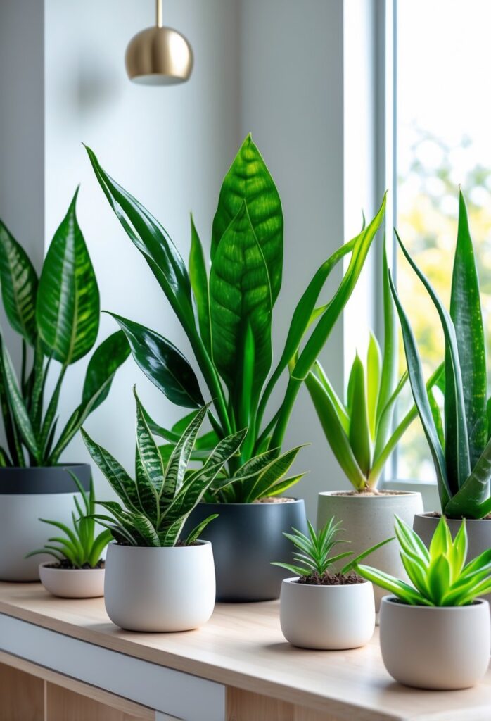 Seven different low-maintenance indoor plants including a ZZ plant arranged on a wooden surface near a window.