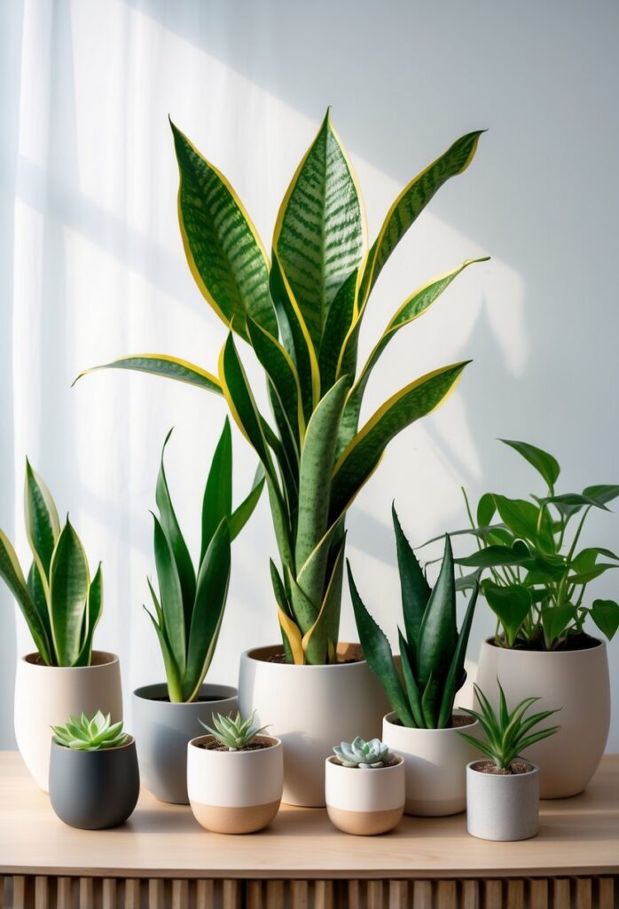Seven low-maintenance indoor plants including a tall snake plant, arranged together on a wooden surface with natural light.