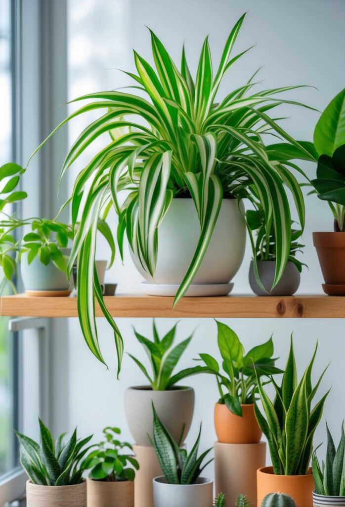 A collection of seven low-maintenance indoor plants including a spider plant displayed on a wooden shelf with natural light.