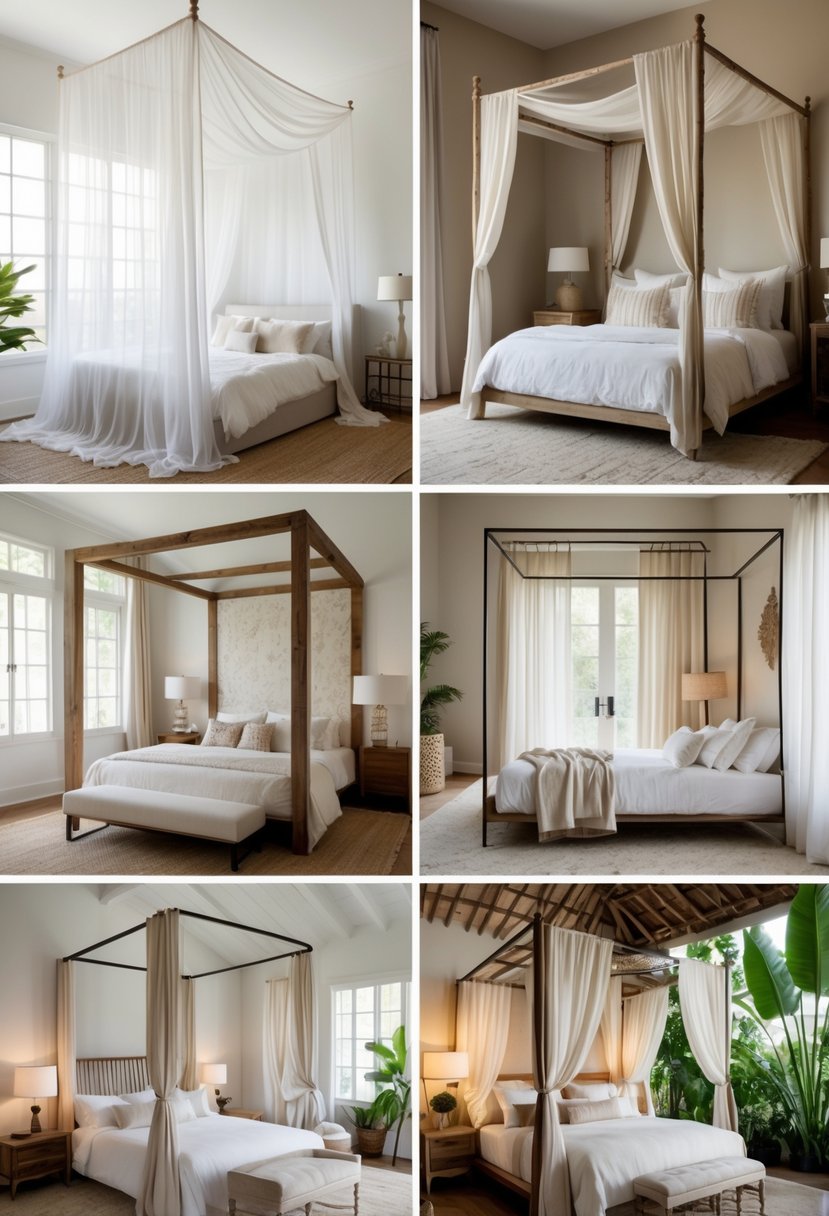 Five different bedrooms each showing a unique bed canopy design over neatly made beds in various styles and settings.