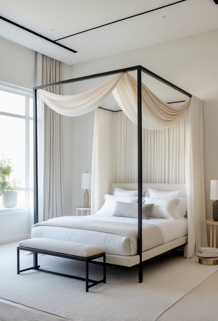A modern canopy bed with five different minimal fabric draping styles in a bright bedroom with natural light.