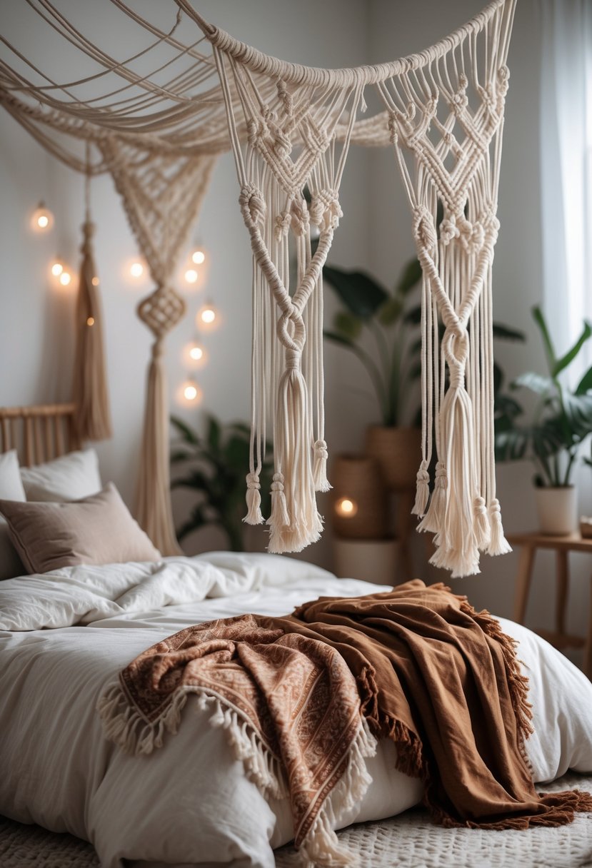 A bed with a macramé canopy and a textured throw blanket in a softly lit bedroom.