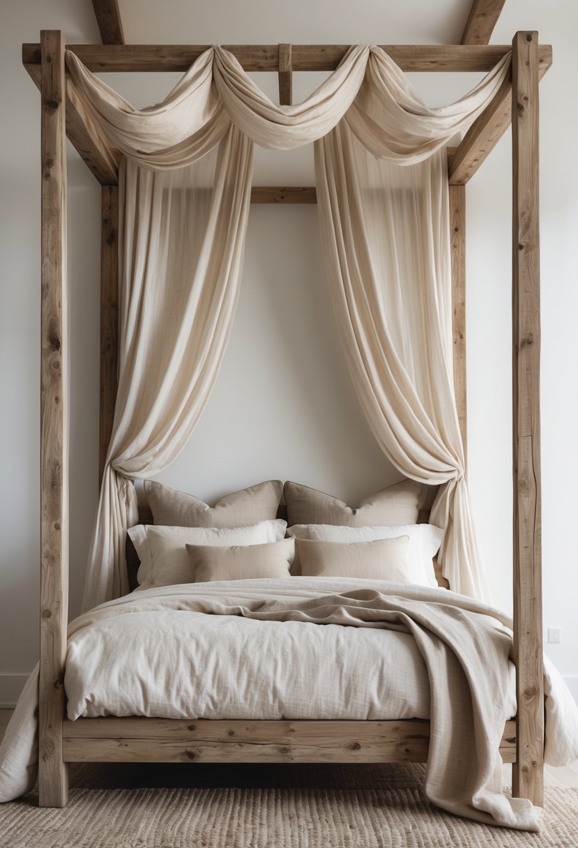 A rustic wooden frame canopy bed with light natural fabrics draped around it in a bright, cozy bedroom.