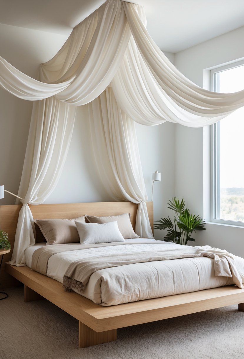 A bedroom with a wooden platform bed and a white fabric canopy hanging from the ceiling, with natural light and simple decor.