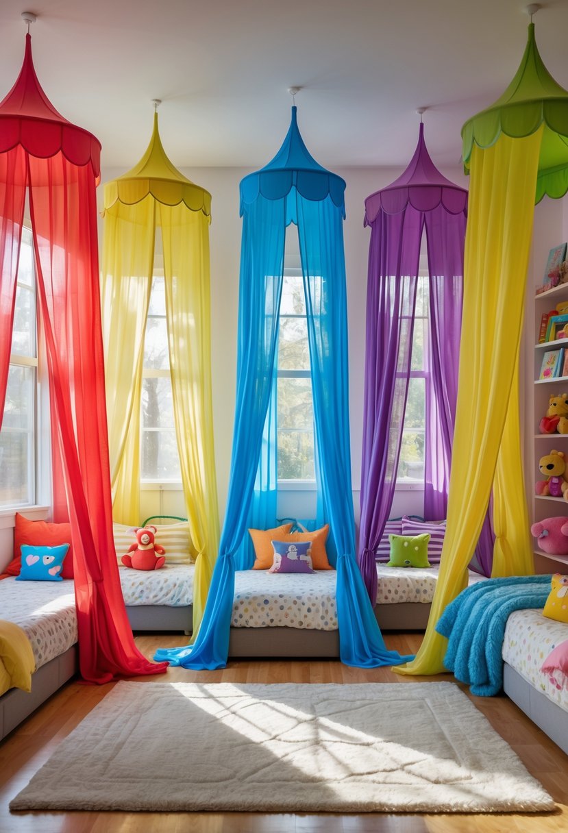 A children's bedroom with five colorful curtain canopies hanging over beds, decorated with toys and books.