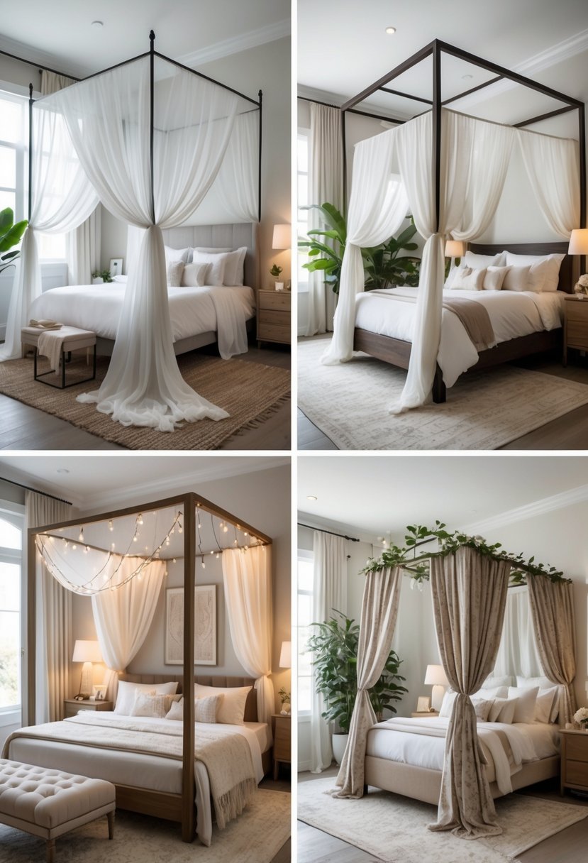 Five different beds each with a unique canopy design in a bright bedroom, showing various styles of bed canopies with soft curtains and cozy bedding.