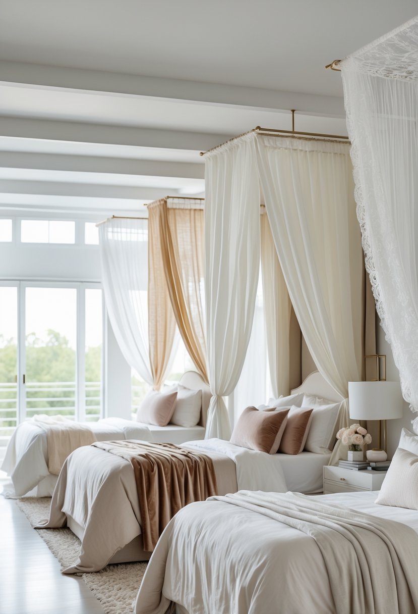 Five beds in a bright bedroom, each with a different type of canopy fabric draped over the frame.