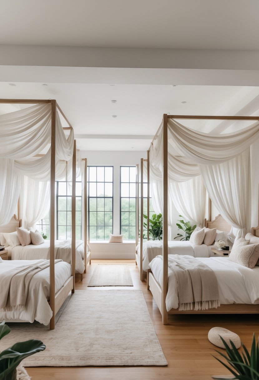 A bright bedroom with five canopy beds featuring sheer white drapes, plush bedding, and natural light coming through large windows.