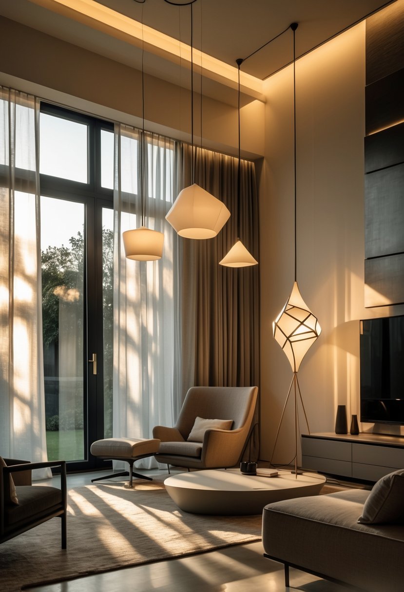 A modern living room illuminated by stylish pendant lights, a geometric floor lamp, and natural sunlight through large windows.