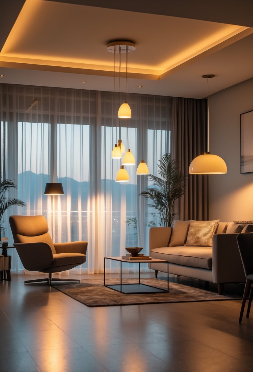 A modern living room with various lighting sources including ceiling lights, a floor lamp, pendant lights, and natural light illuminating the space.