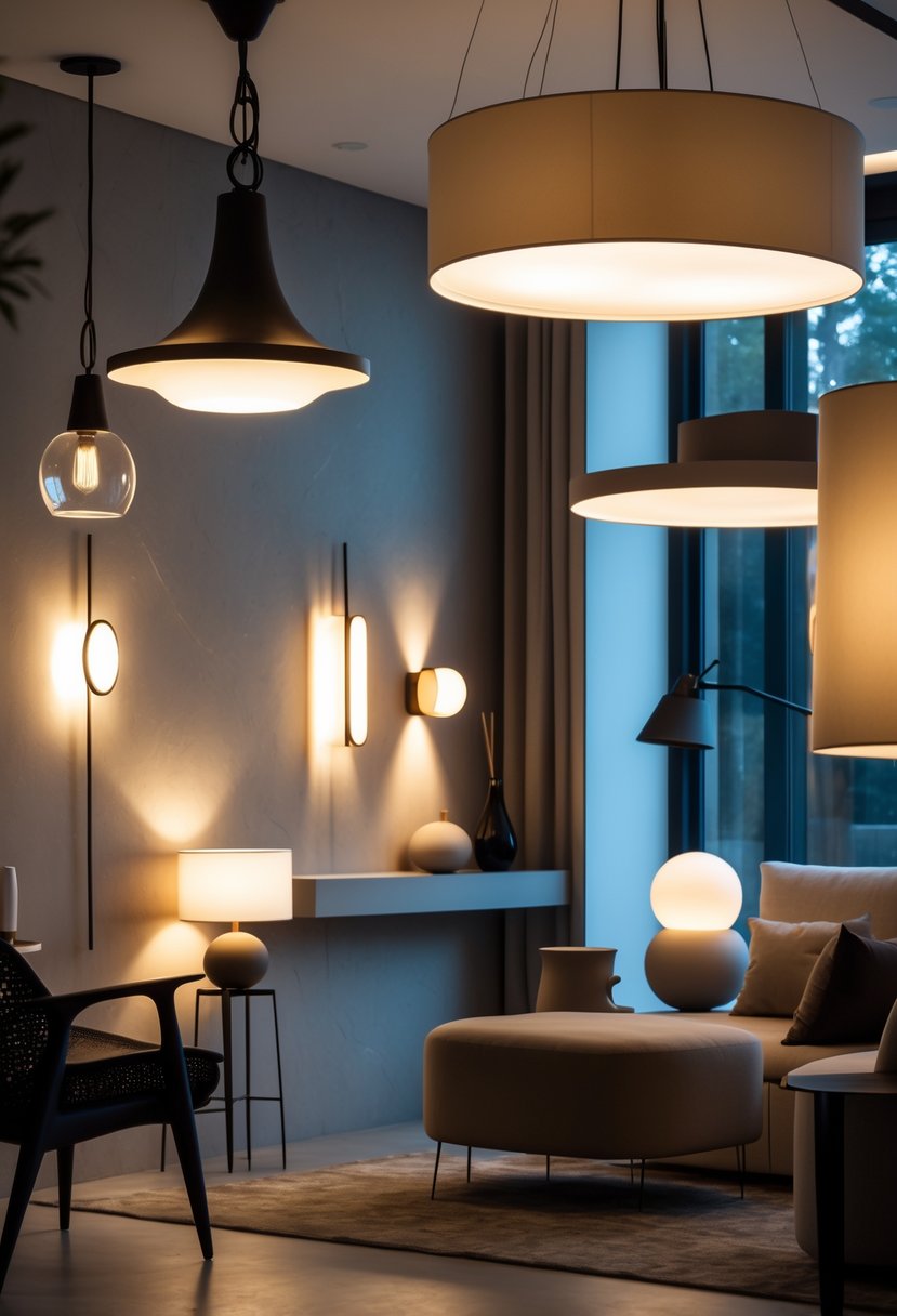 An interior space with various lighting fixtures casting different lighting effects on walls and furniture.