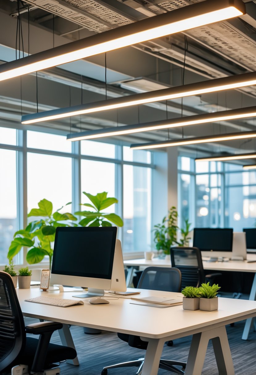 A modern office workspace with LED lighting, computers, green plants, and large windows letting in natural light.