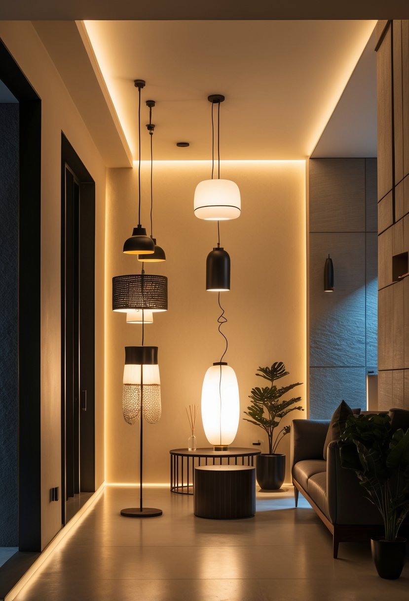 A modern interior space with various lighting fixtures illuminating the room and highlighting architectural details.