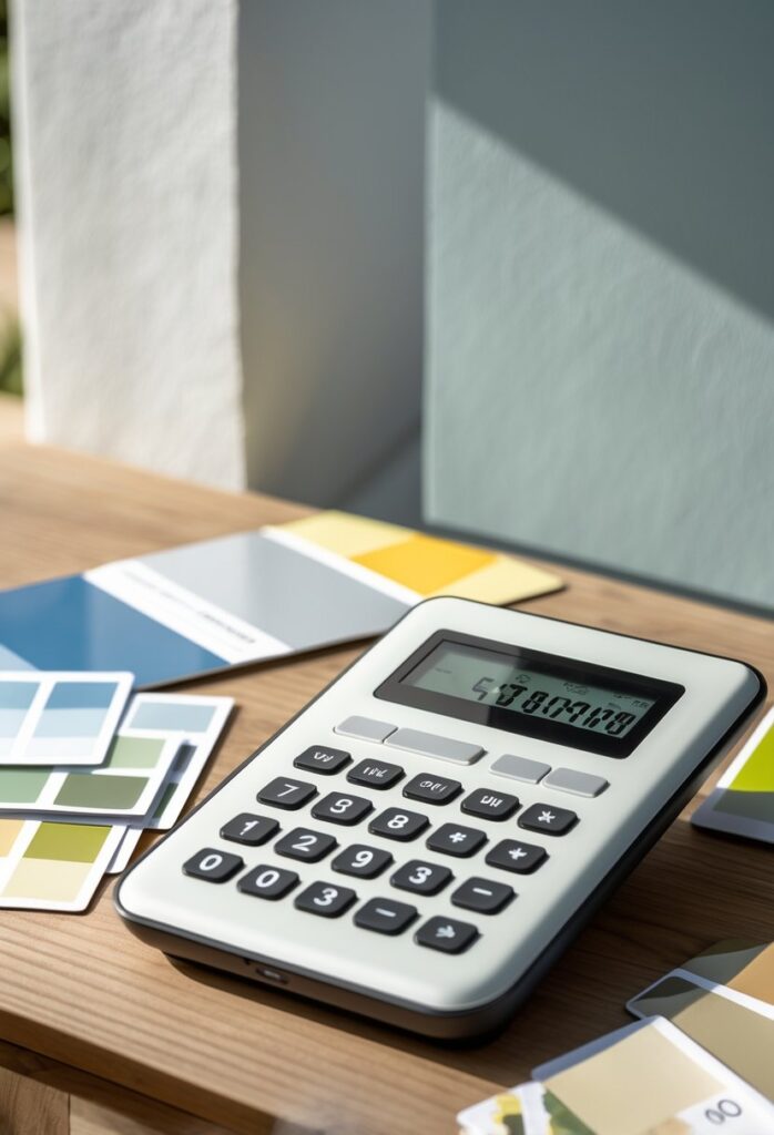 A digital paint calculator on a wooden table next to paint color samples with a partially painted wall in the background.