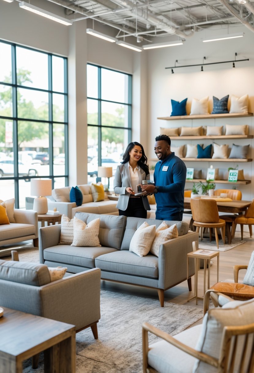 A couple being assisted by a sales associate in a bright furniture store with sofas and tables on display.