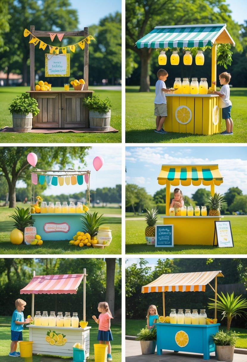 Six different lemonade stands set up outdoors with children and families enjoying lemonade on a sunny day.