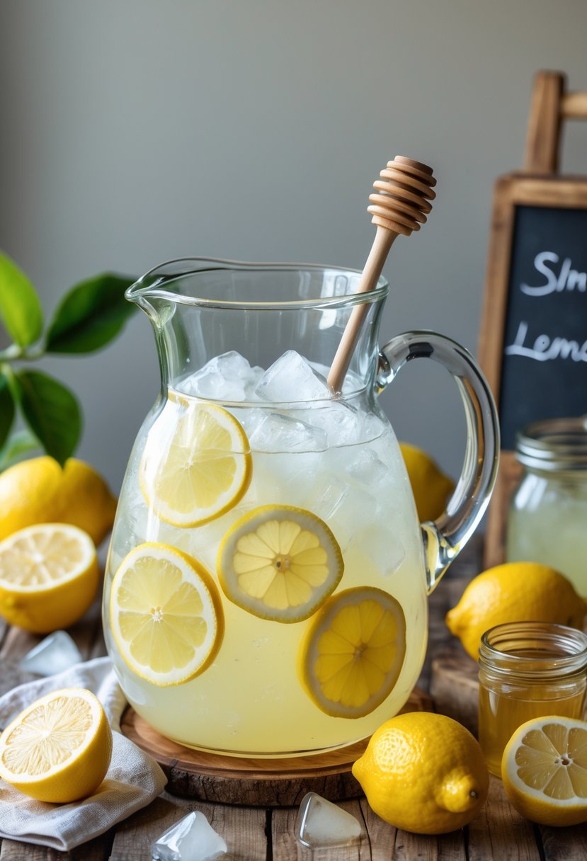 A glass pitcher of lemonade with lemon slices and ice on a wooden table surrounded by fresh lemons and a jar of simple syrup.