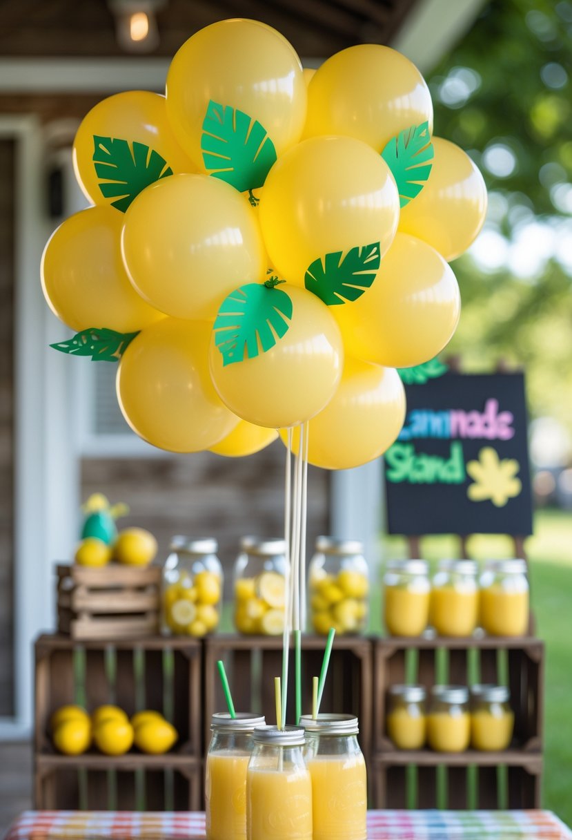 Yellow balloons with green leaf decorations arranged above a lemonade stand with lemons and jars outdoors.