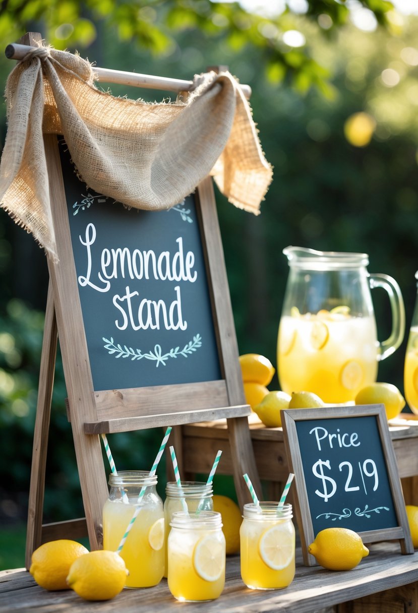 A lemonade stand with a burlap banner and a chalkboard sign next to pitchers of lemonade and lemons on a wooden table outdoors.