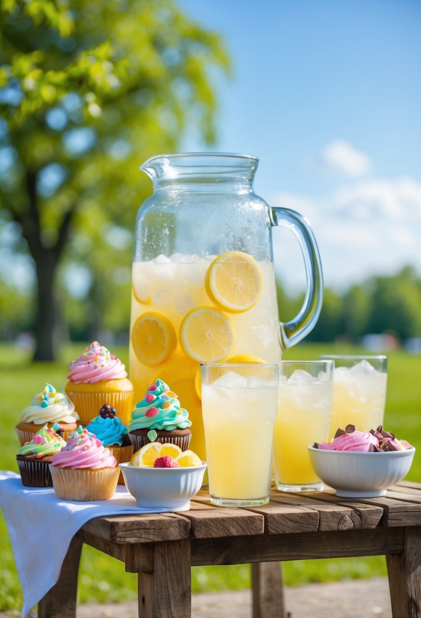 A lemonade stand with a pitcher of lemonade, glasses, cupcakes, and bowls of ice cream on a wooden table outdoors.