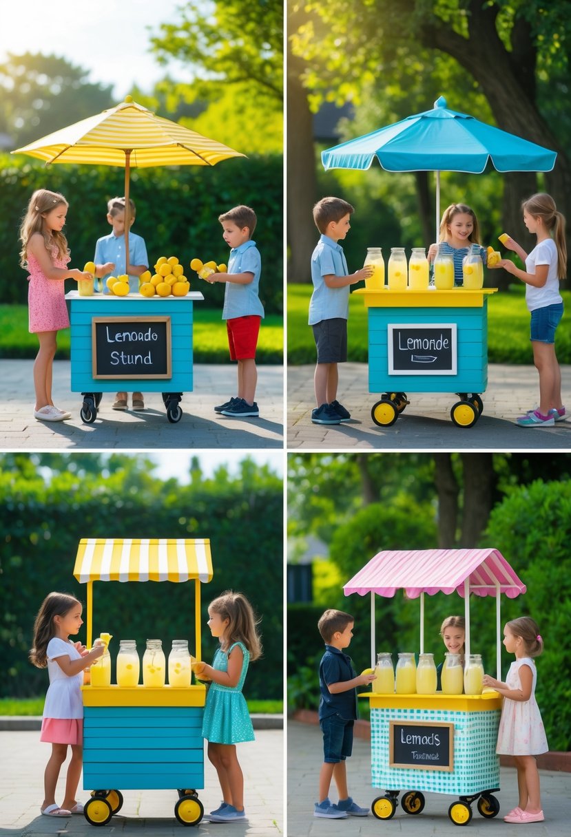 Six colorful lemonade stands with wheels set up outdoors, with people serving and enjoying lemonade on a sunny day.