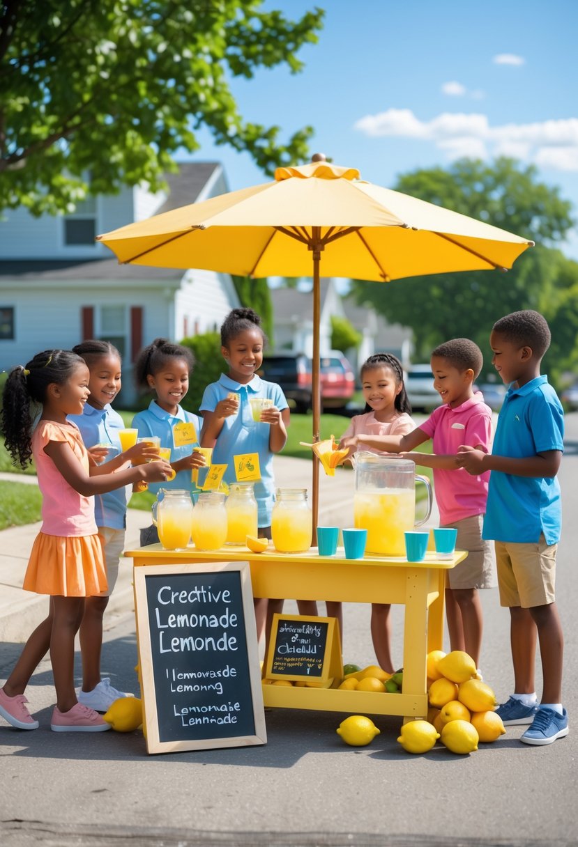 Children and an adult running a lemonade stand outdoors with lemons, pitchers, and colorful cups on a sunny day.