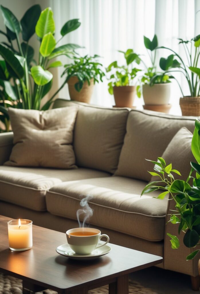 a cozy living room sofa with soft light, surrounded by plants, a cup of tea, and a lit candle.