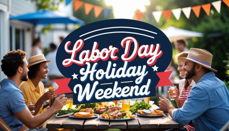 Generate a high quality realistic image for: labor day holiday weekend. Add a Text at the top of the image with cursive Vibrant fonts on Dark background that reads 'labor day holiday weekend'