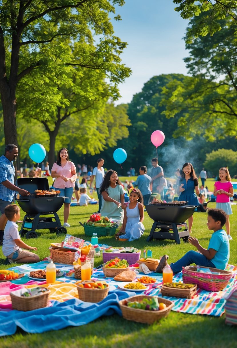 People enjoying a sunny picnic in a park with children playing and adults grilling food.
