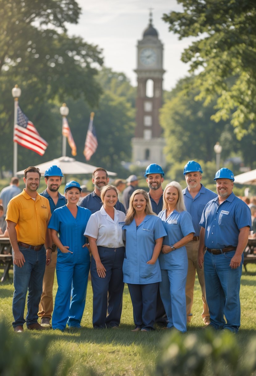 A diverse group of workers standing together outdoors on a sunny day with American flags and families enjoying a picnic in the background.
