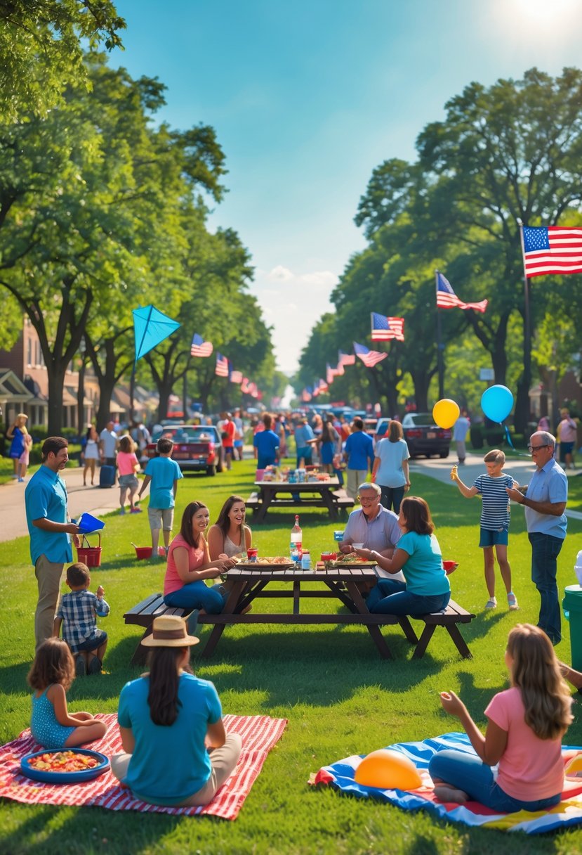 People enjoying a sunny outdoor Labor Day barbecue and parade with flags, games, and families in a park.