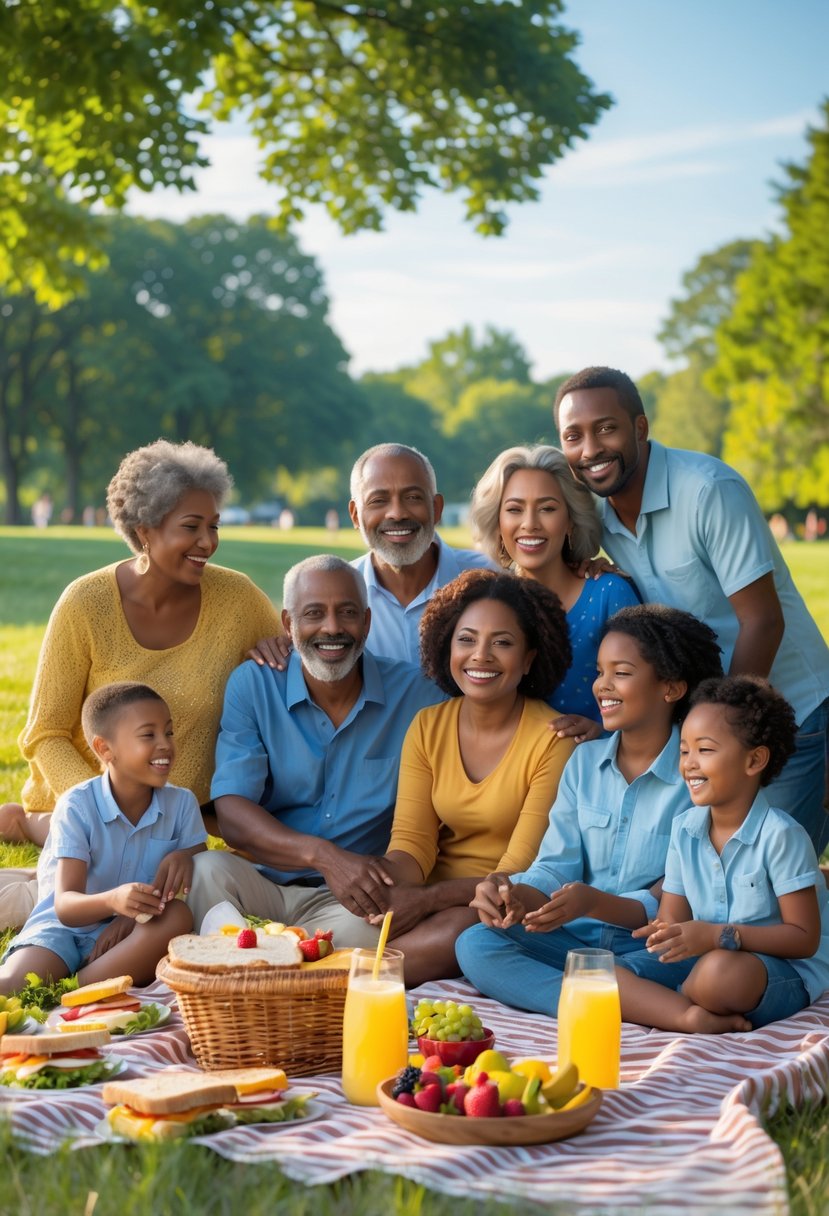 A multi-generational American family enjoying a picnic together in a sunny park with trees and blue sky.