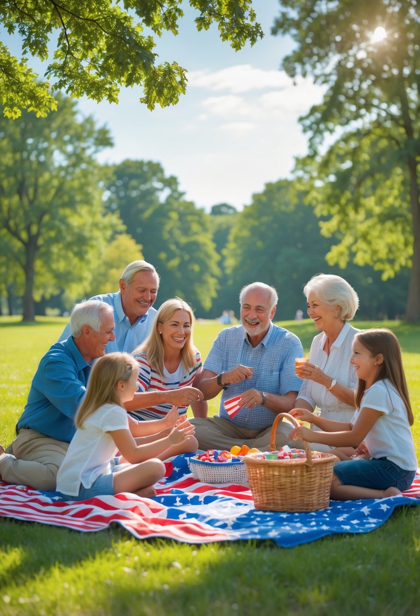 An American family of multiple generations enjoying a sunny picnic and playing together in a green park.