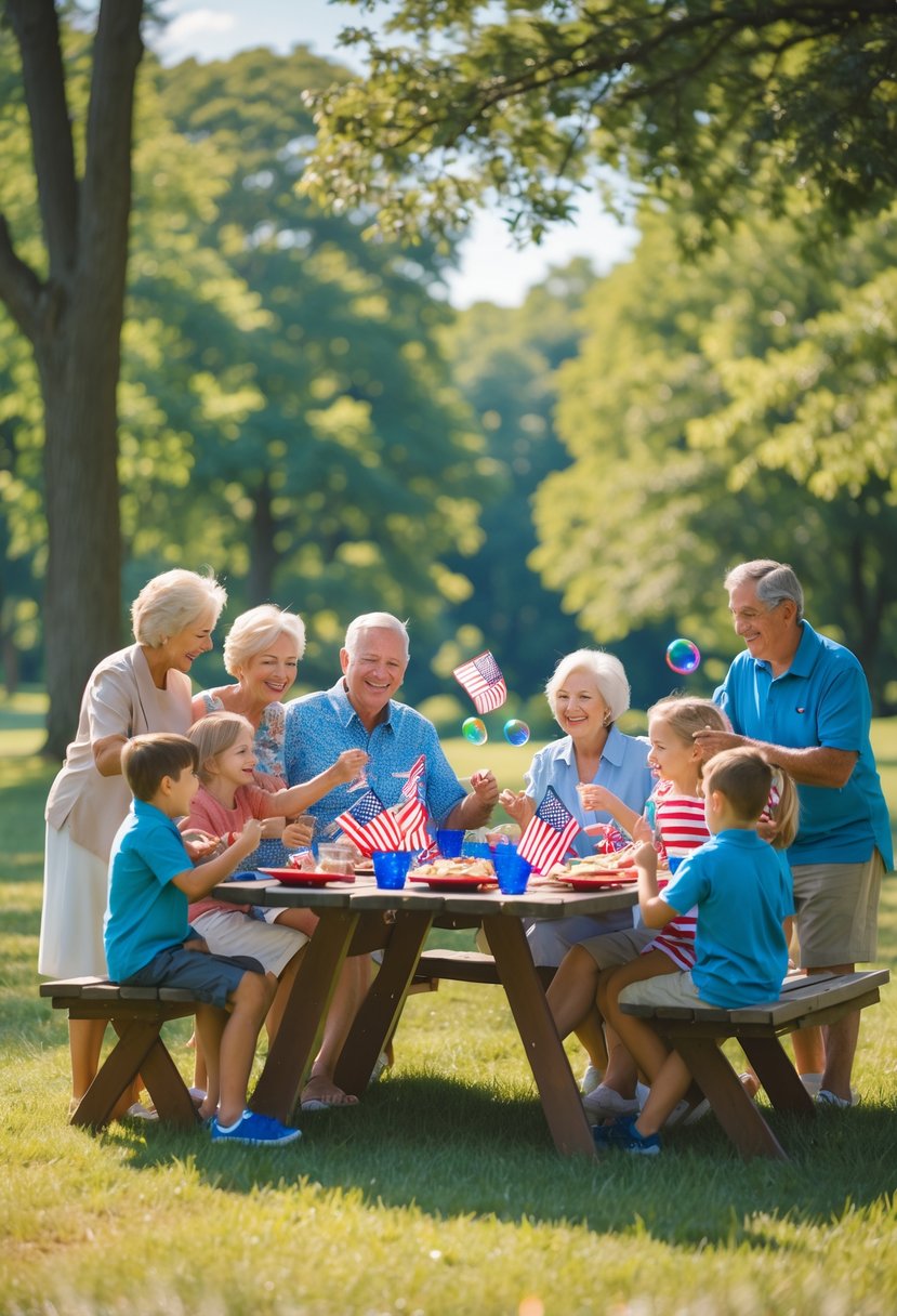 A multi-generational American family enjoying a picnic together in a park on a sunny day, smiling and engaging in outdoor activities.