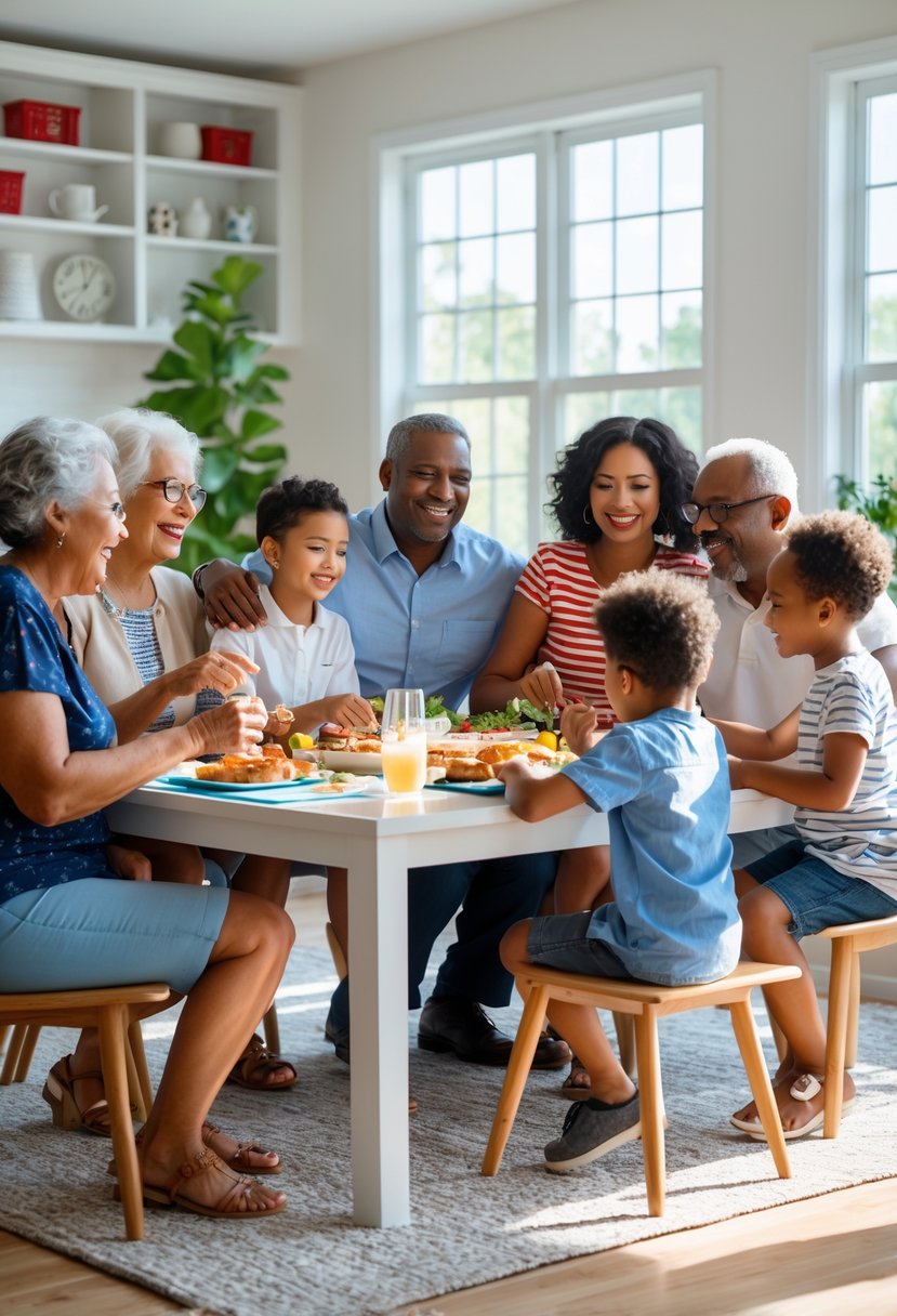 A multigenerational American family enjoying time together in a bright living room, sharing a meal and playing games.