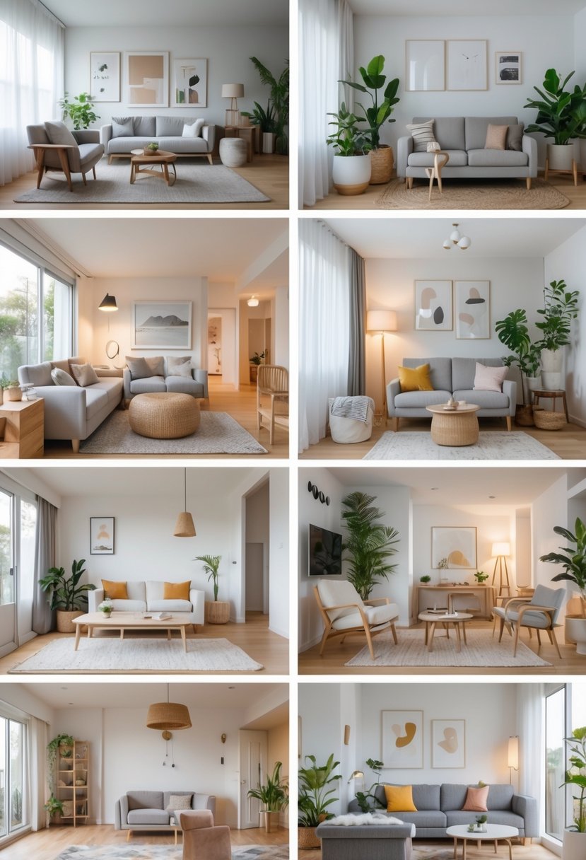 Eight different small living rooms with compact furniture and decor arranged in a grid.