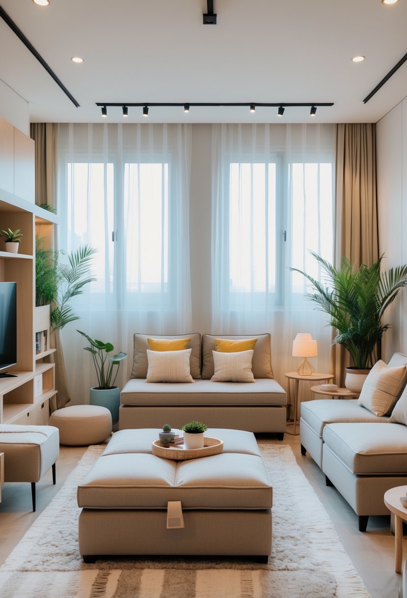 A small living room with an ottoman that has built-in storage, surrounded by compact seating and natural light from large windows.