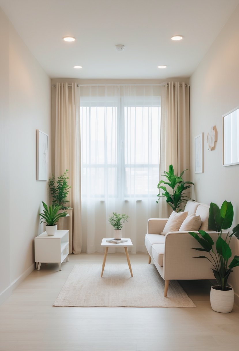 A small living room with light neutral walls, a compact sofa, coffee table, indoor plants, and large windows letting in natural light.