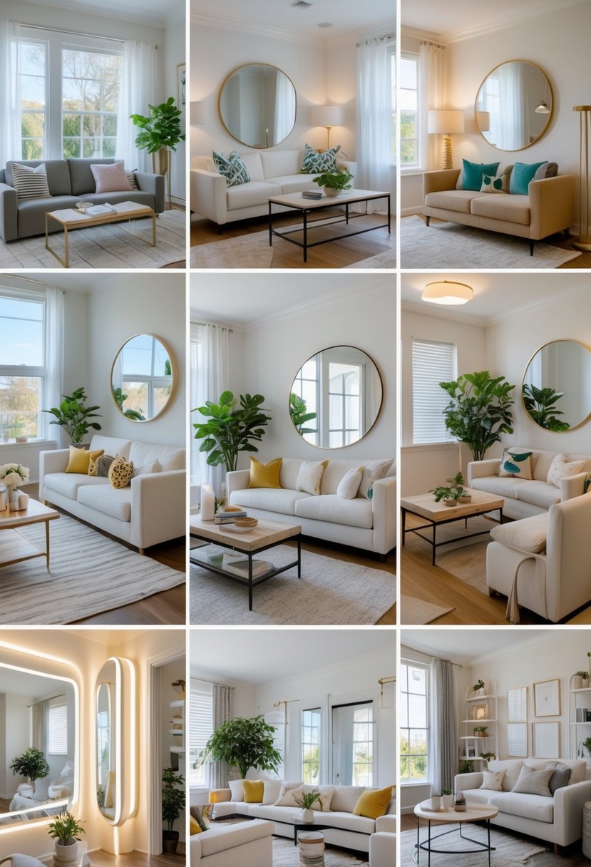 Eight different small living rooms with mirrors reflecting light to create a sense of depth and space.